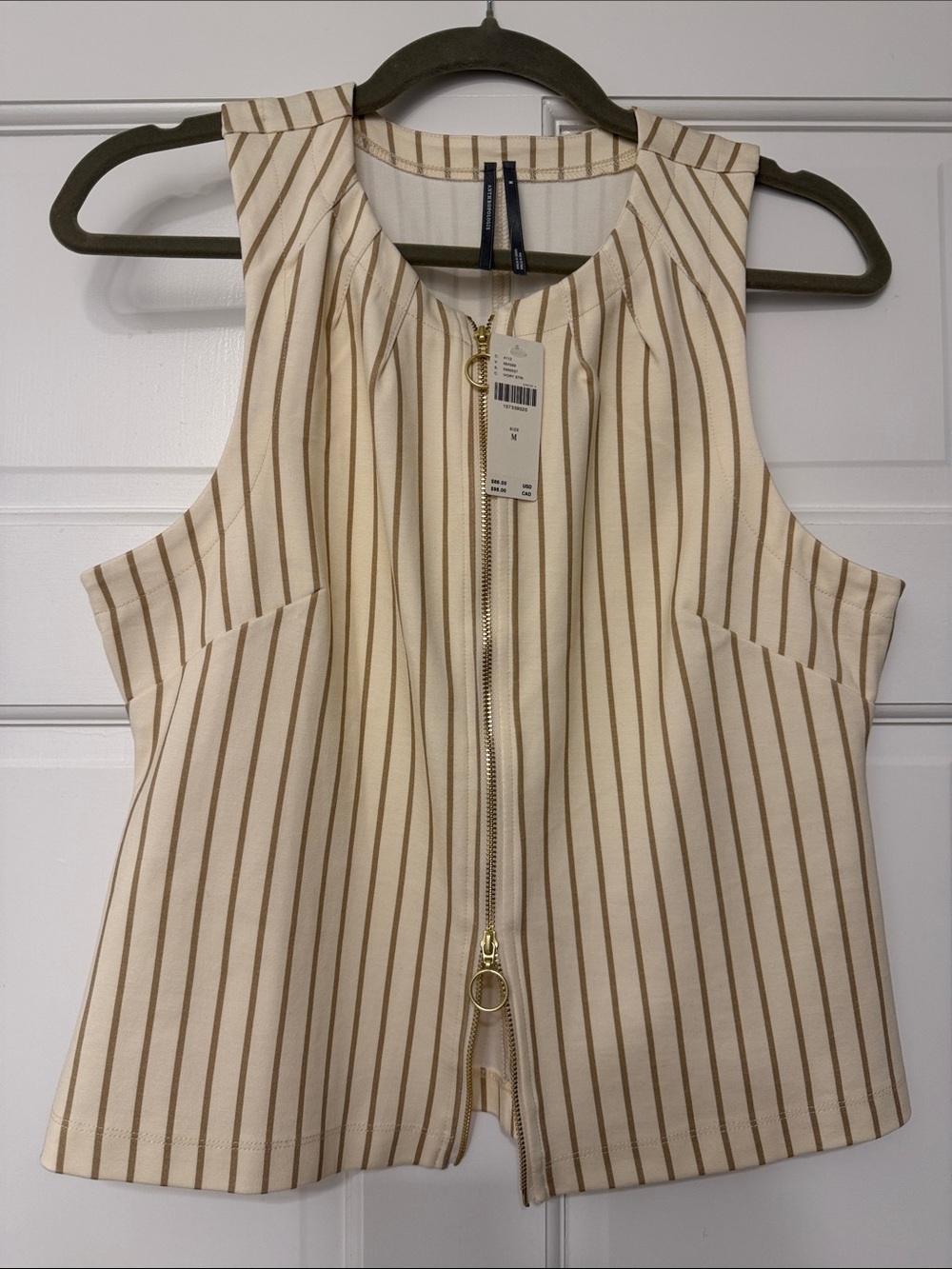 Anthropologie Sleeveless Zip-Front Shell Top in Cream and Tan Stripe